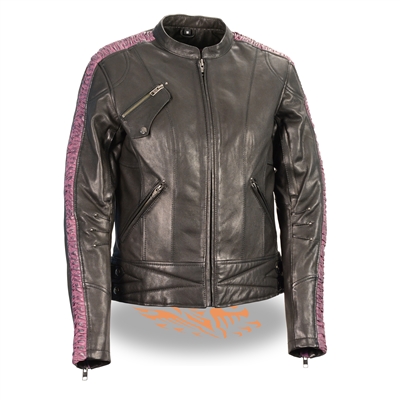 Ladies Leather Motorcycle Jacket with Purple Sleeve Accent